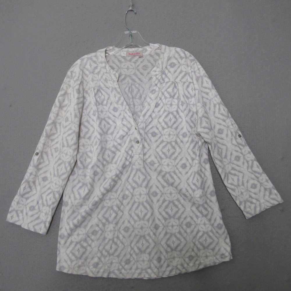 Fresh Produce Top XXL Henley Geometric Ikat‎ Roll Tab Sleeve Beachy USA Cotton